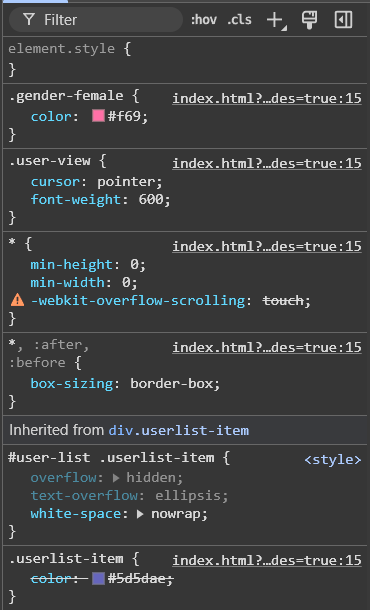 A closeup of the Styles pane in the dev tools window. We see the styles applied to the .gender-female class