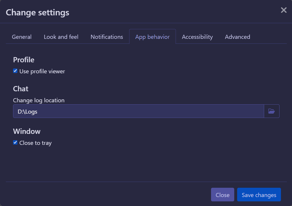 Horizon's 'Preferences' window. The 'App behavior' tab has been selected and we see that the log location has been set to "D:ogs"