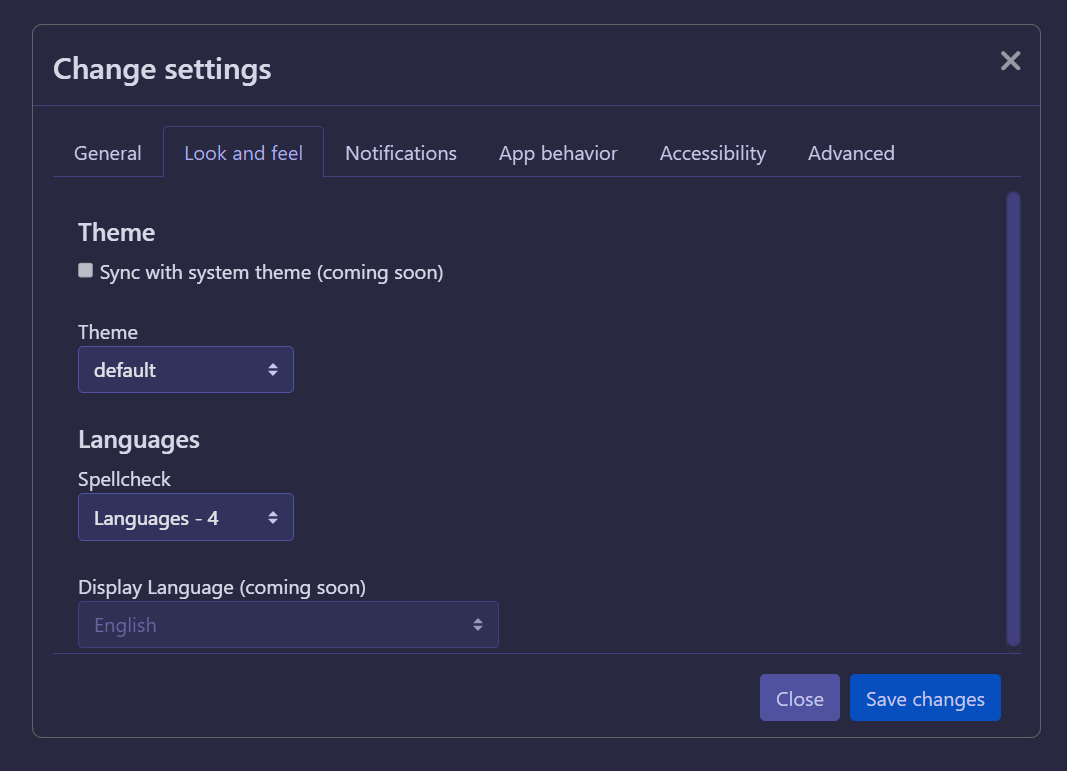 Settings menu, showing off the "Look and feel" section